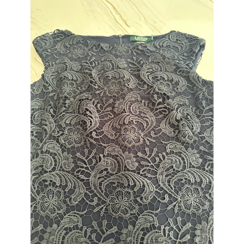 Lauren Ralph Lauren Navy Lace Cocktail Dress Size 10 Cap Sleeve Scalloped Hem - Picture 13 of 15
